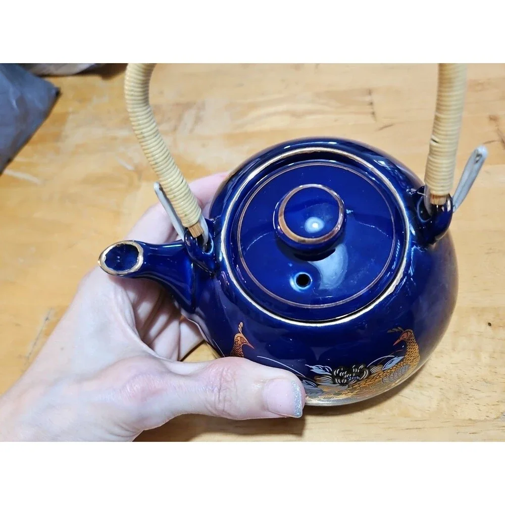 Vintage Japanese Cobalt Blue Tea Set With Gold Peacock Design - Teapot W/ 4 Cups